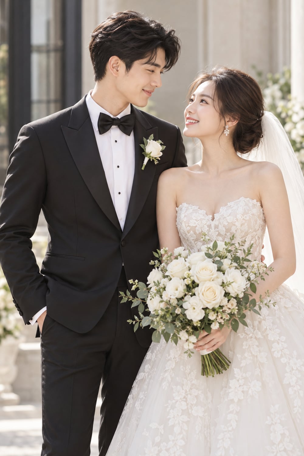 A bride and groom in a garden courtyard, smiling at each other