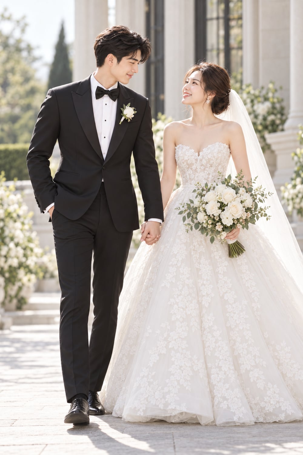 A couple in front of a stone staircase, the kind of photo a guest would send from their phone