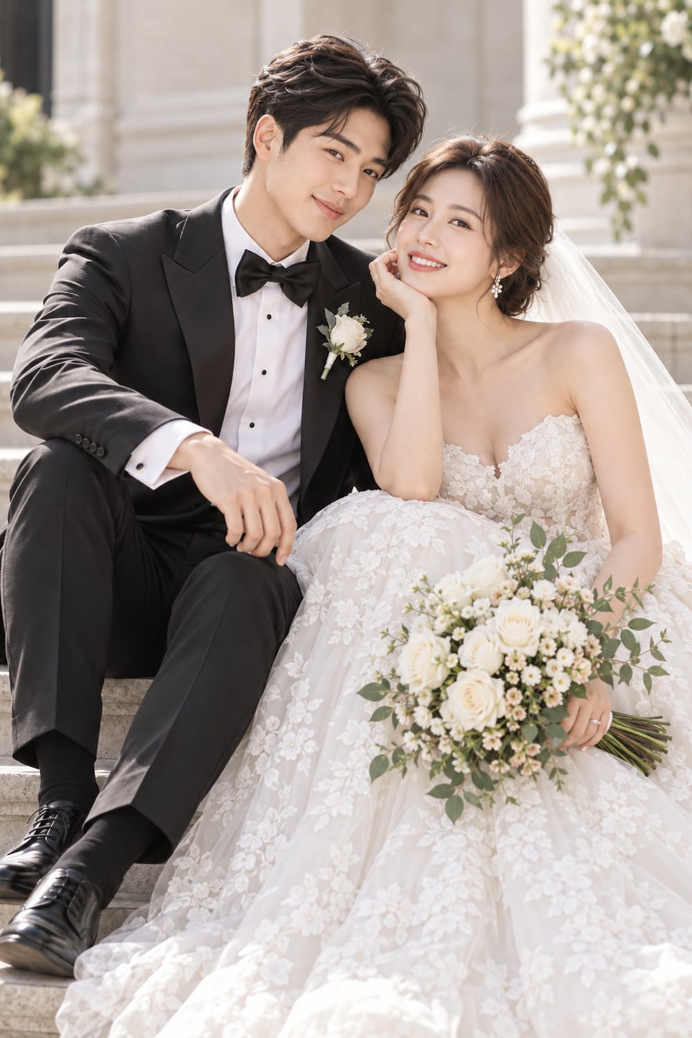 A couple walking hand in hand through a courtyard of white flowers
