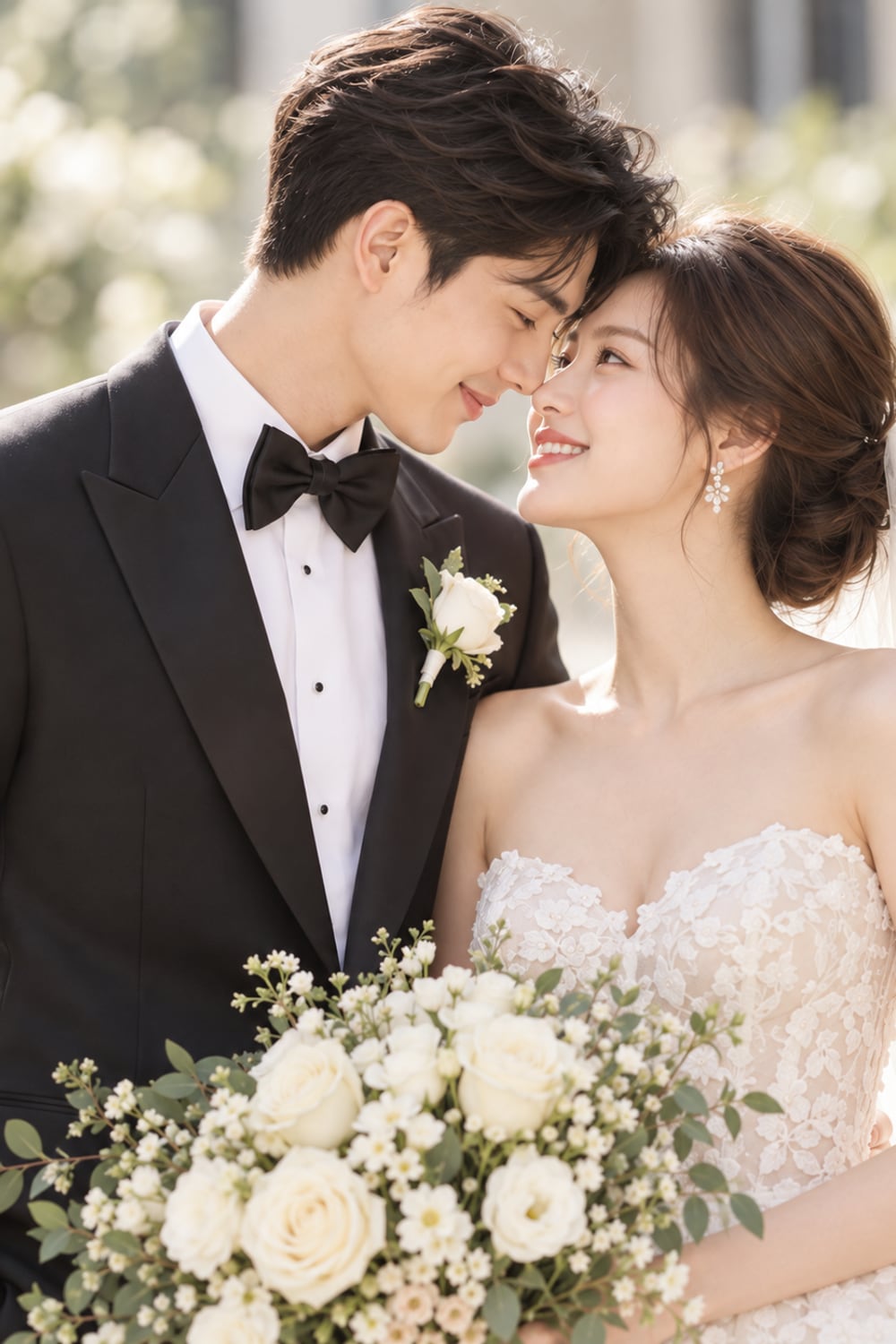 A bride in her gown holding a bouquet of white roses